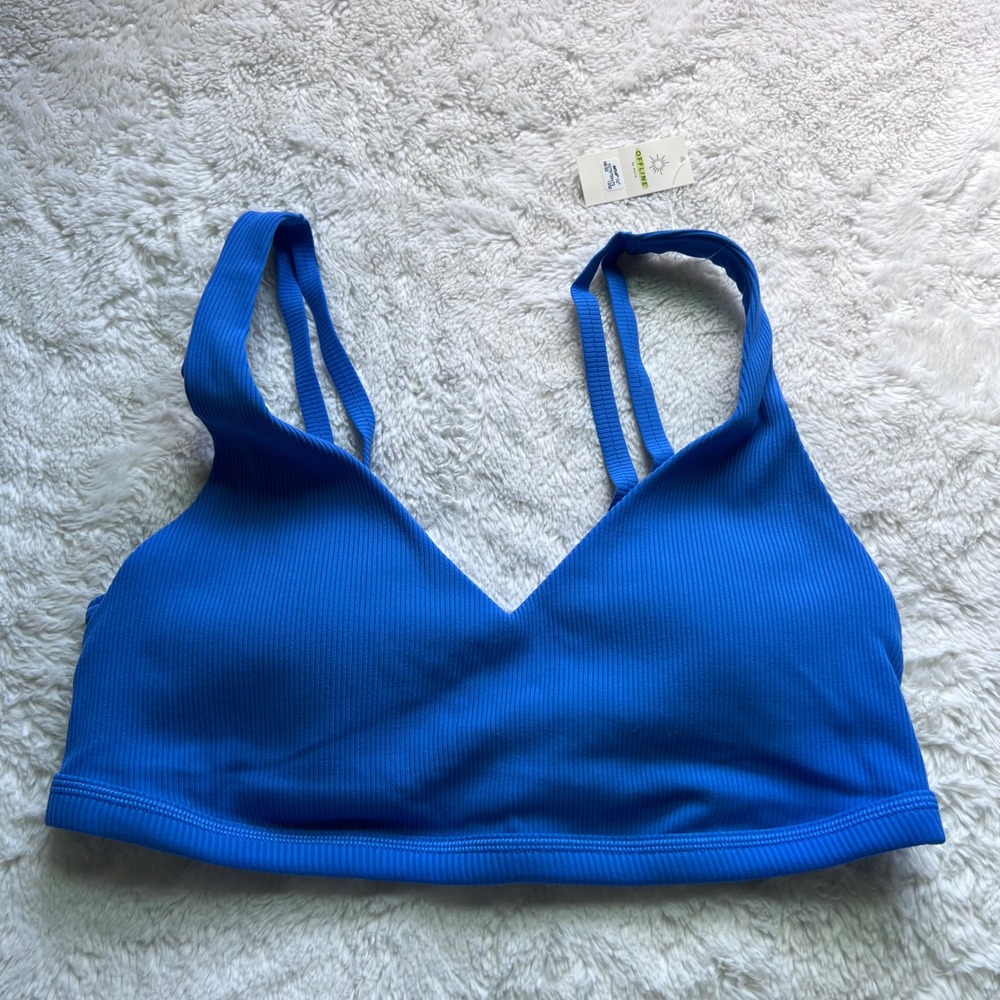 OFFLINE by Aerie Goals Ribbed V-Neck Sports Bra Royal Blue Medium Support L NWT